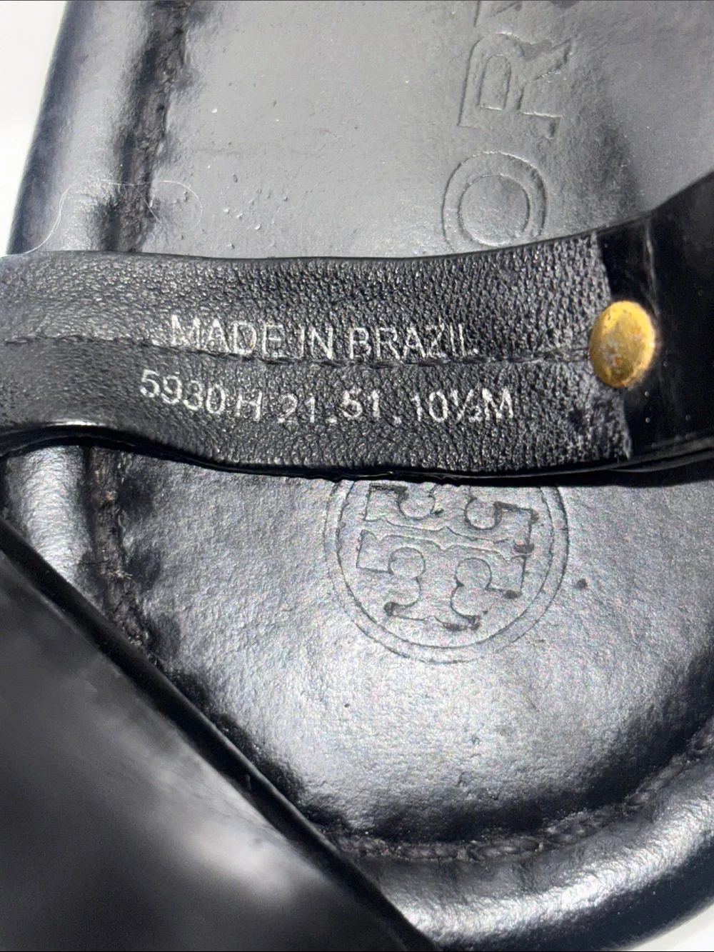 Tory Burch Black Leather Logo Thong Sandals with Gold Studs